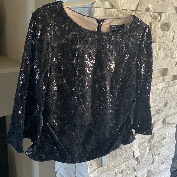 Alex Evenings Women's Long Sleeve Jewel Neck Evening Top Black Size Petite Small